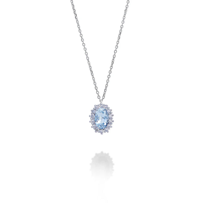 Collana in Oro 18kt acquamarina ovale 6x4 ct.0,30 Diamanti