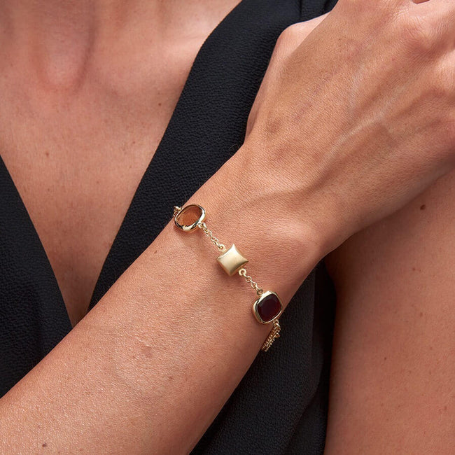 Bracciale da donna Aquaforte Caramelle Reverse con saponetta quadrata, paste vitree cognac trasparente, bianco perlato e brandy milky taglio antico e reverse