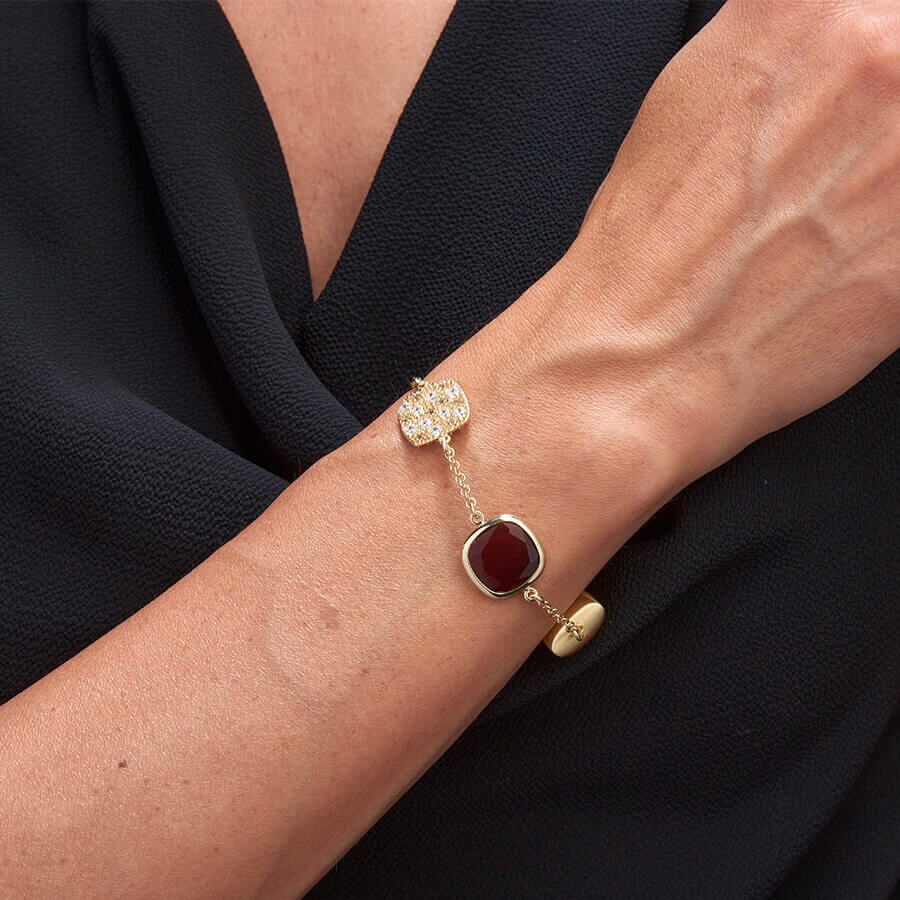 Bracciale da donna Aquaforte Caramelle Reverse con saponetta quadrata, paste vitree cognac trasparente, brandy milky e pavè grande