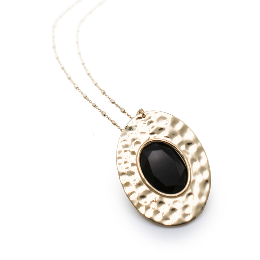 Collana lunga da donna Aquaforte Nuova Retrò con pasta vitrea nera ovale e superficie battuta lucida, 90cm
