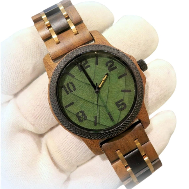 Orologio da uomo Green Time in legno con quadrante foglia verde