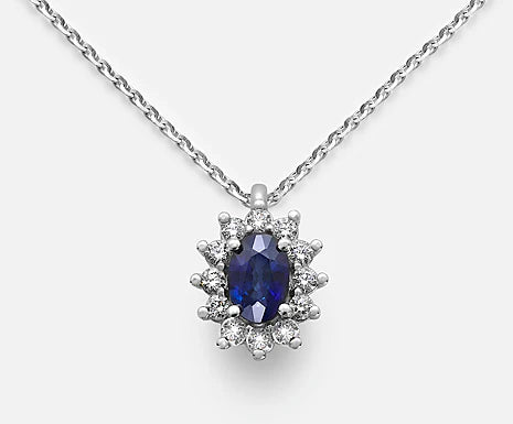 Collana in Oro 18kt e zaffiro ovale 6x4 e Diamanti ct.0,40