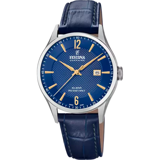 Orologio da uomo Festina Swiss Made blu con cinturino in pelle